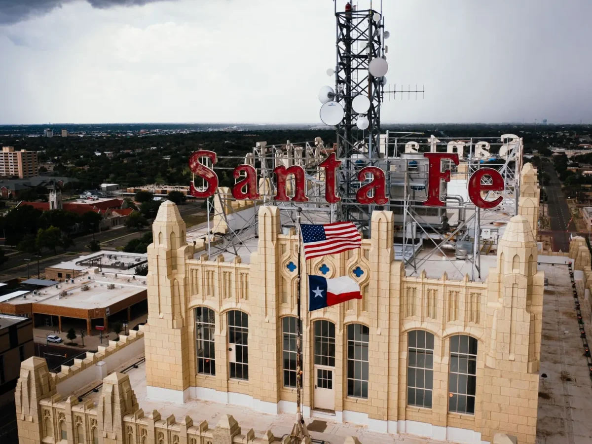 Santa Fe Building with U.S. and Texas flags in Amarillo, Texas