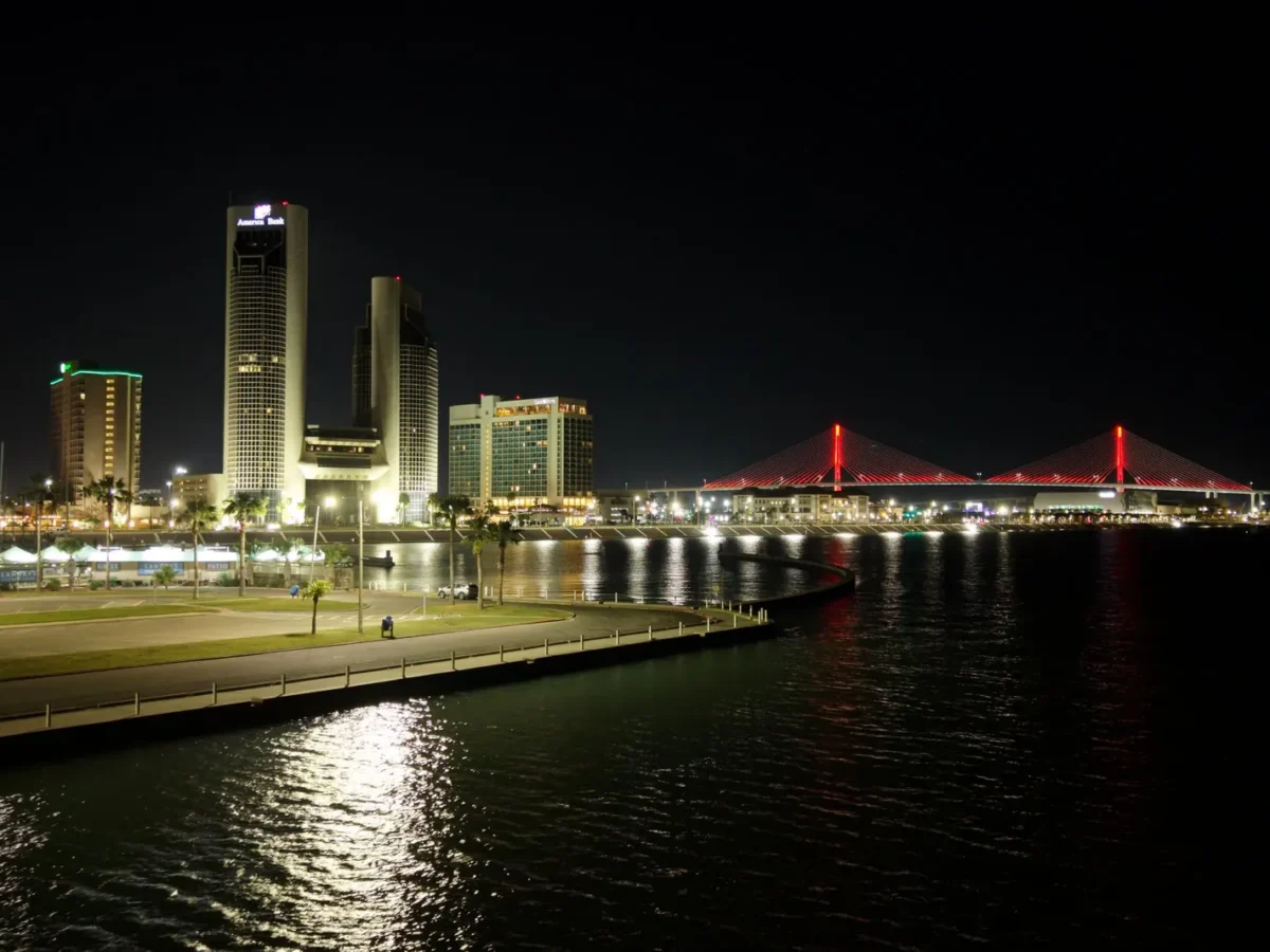 Corpus Christi bayfront and Harbor Bridge at night