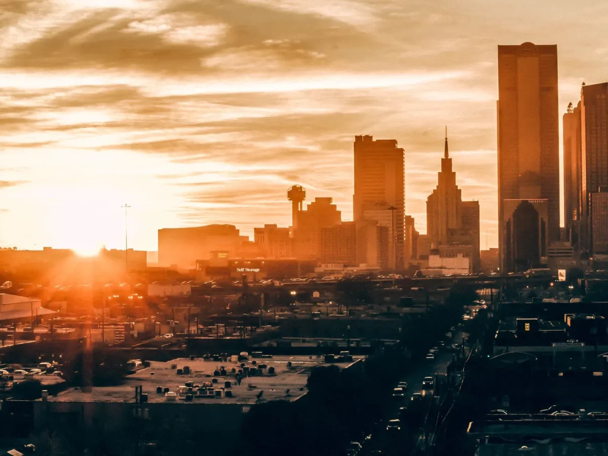 Downtown Dallas skyline at sunset