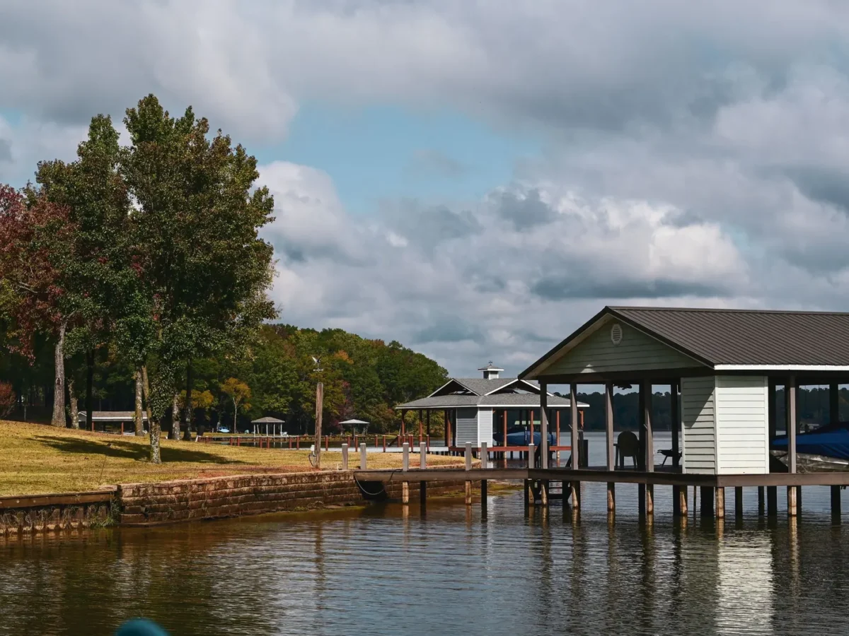 Lakeside pier and gazebo in Scroggins, Texas