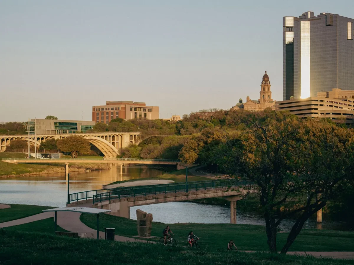 Fort Worth skyline above the Trinity River at sunset