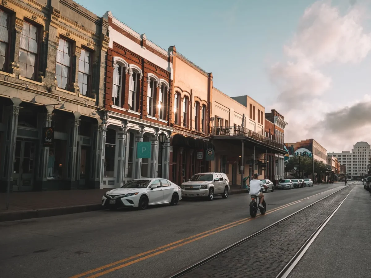Historic buildings on a downtown street in Galveston, Texas