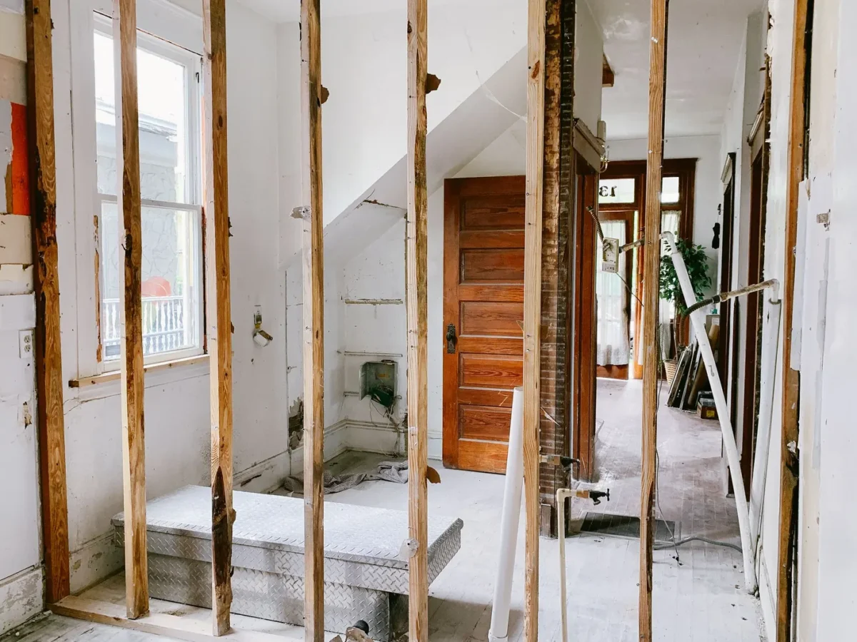 House under renovation with exposed wall studs
