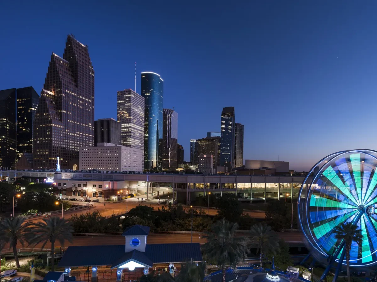 Houston skyline at dusk from the Downtown Aquarium