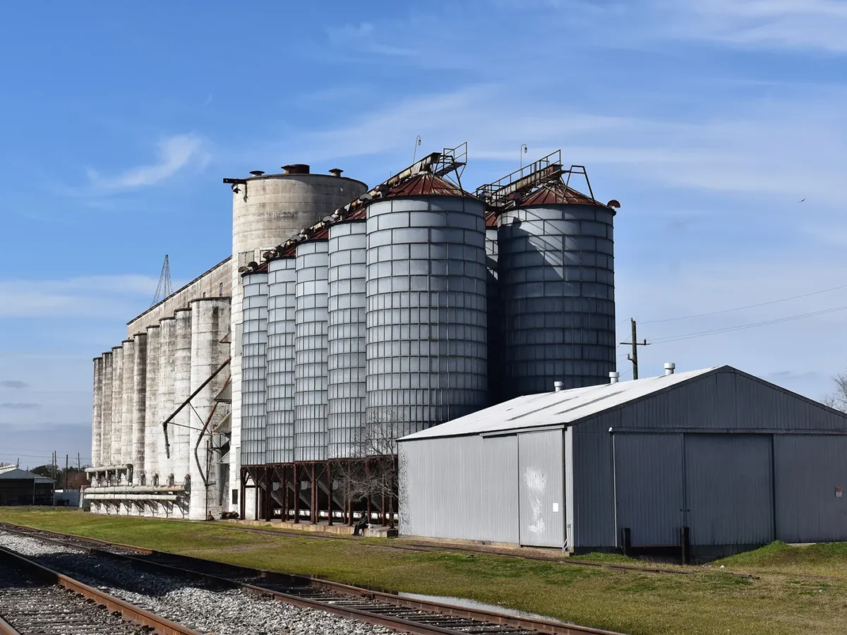 Rice silos beside the railroad in Katy, Texas