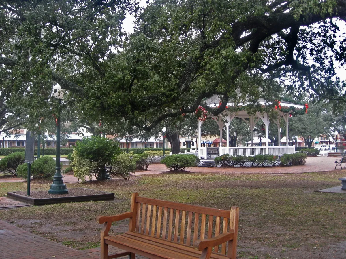 Oak trees and gazebo in League Park, League City, Texas