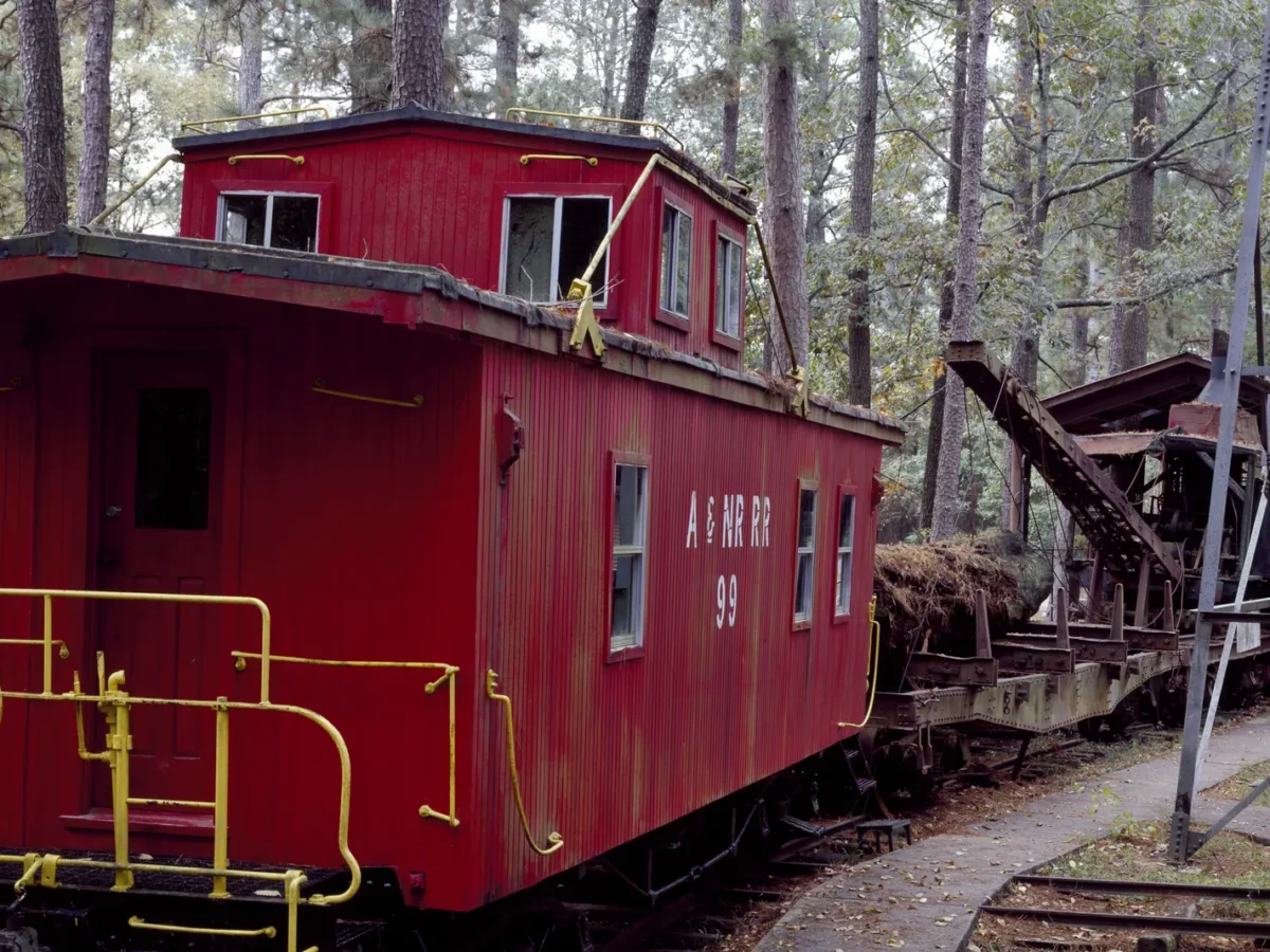 Old red caboose at the Texas Forestry Museum in Lufkin, Texas
