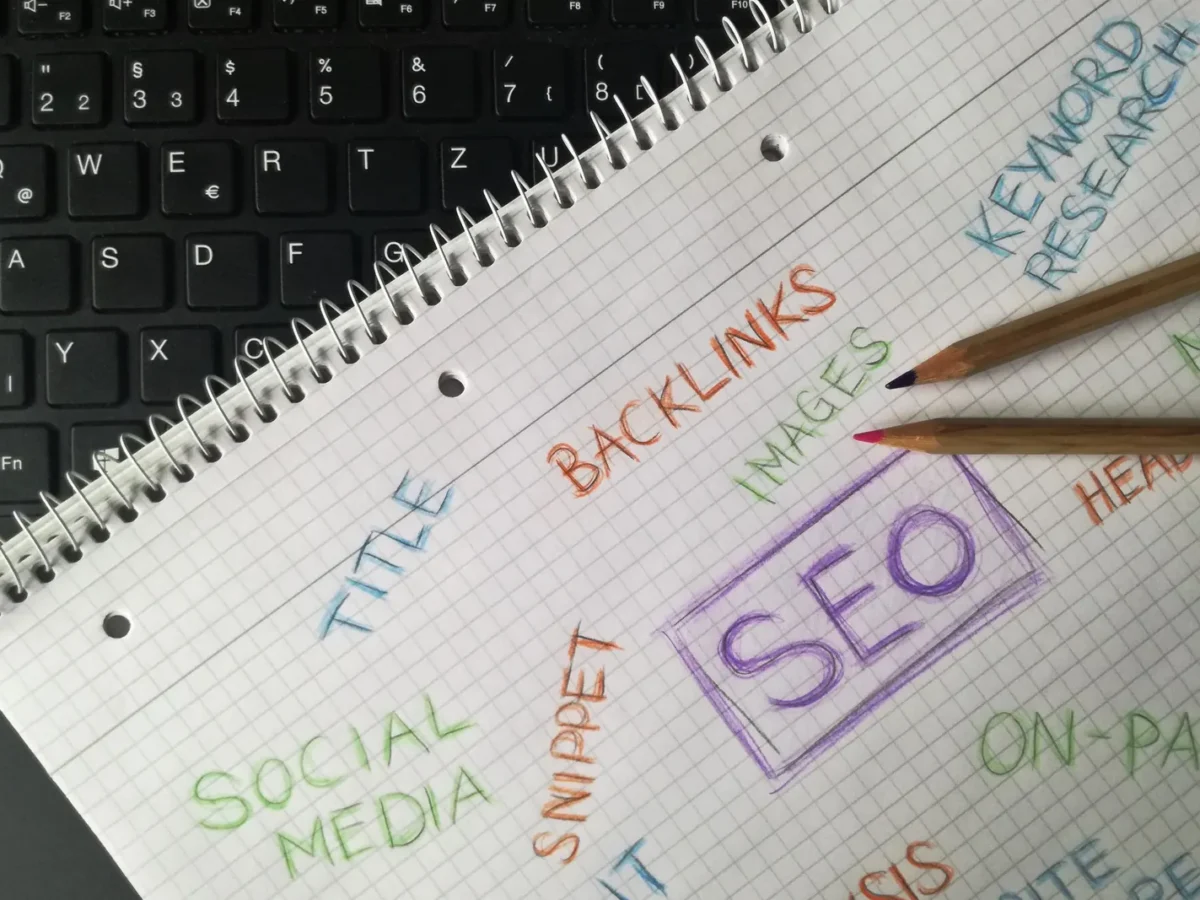 Notebook sketch of SEO topics: title, snippet, backlinks, keyword research and on-page