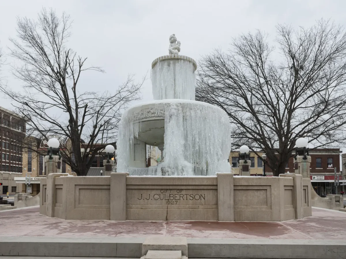 Ice-covered fountain in downtown Paris, Texas