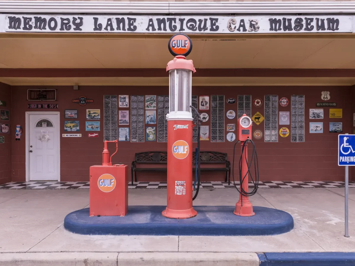 Vintage gas pumps outside a car museum in Pecos, Texas