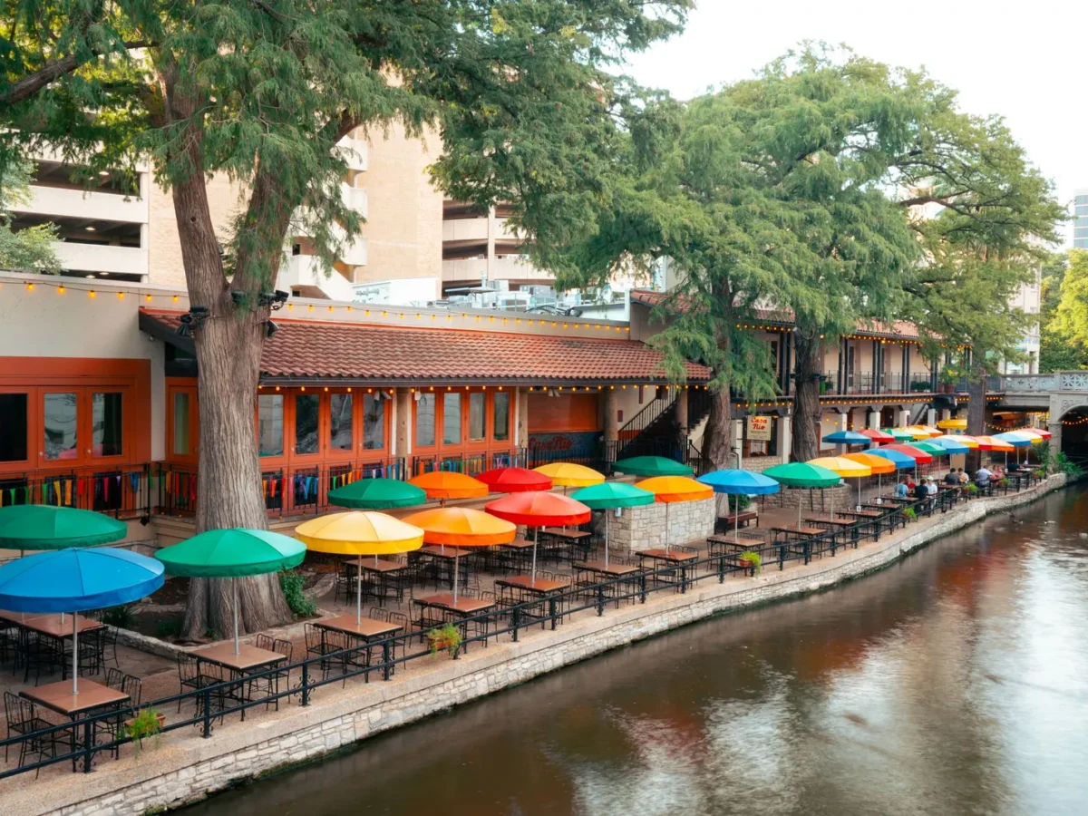 Colorful umbrellas along the San Antonio River Walk