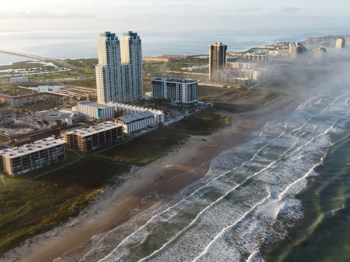 Aerial view of the South Padre Island coastline at sunrise