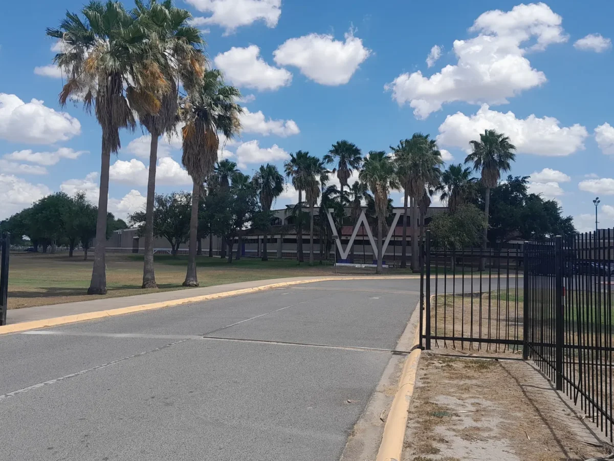 Palm trees in front of Weslaco High School in Weslaco, Texas